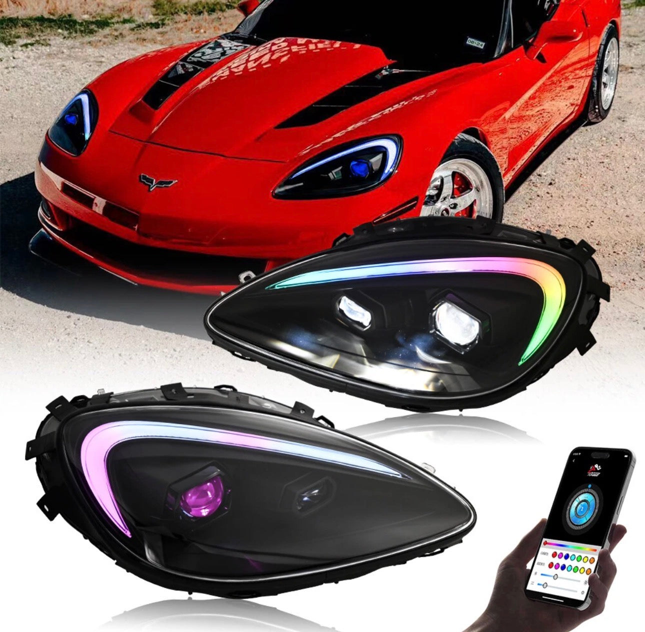 RGB C7 Style LED Headlights for Chevrolet Corvette C6 (2005–2013)